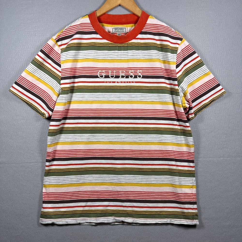 Vintage Guess Brighton Mens M Striped Embroidered Logo T-Shirt Retro Y2K